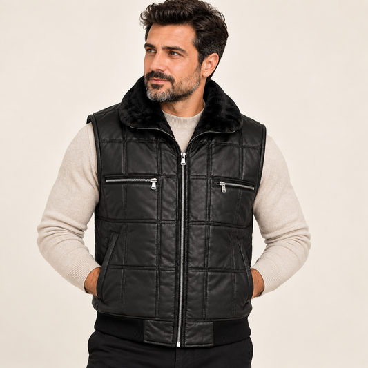 Kürk Yakalı Kapitone Deri Yelek – Siyah