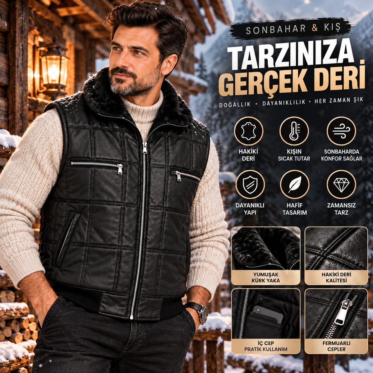 Kürk Yakalı Kapitone Deri Yelek – Siyah